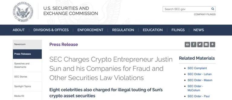 美国SEC对孙宇晨及其公司提起诉讼，指控未经注册销售加密资产及操纵市场
